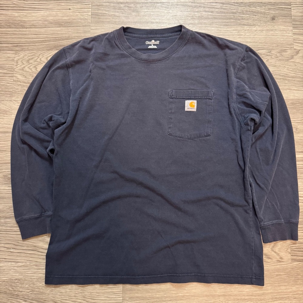 Vintage Y2K Carhartt Long Sleeve Pocket T-Shirt Navy Blue Mens L Faded Workwear